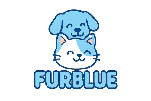 A logo featuring a light blue cartoon dog head peeking over a white and light blue cartoon cat head, both with closed, happy eyes and simple features. Below the animals, the word "FURBLUE" is written in rounded, light blue bubble letters with a darker blue outline. White background.